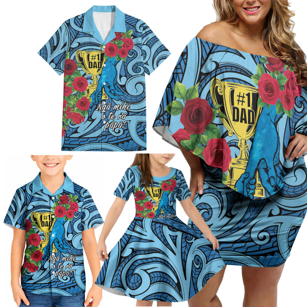 Personalised New Zealand Father's Day Family Matching Off Shoulder Short Dress and Hawaiian Shirt Best Dad Trophy Red Rose Maori Pattern LT22 - Polynesian Pride