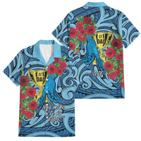 Personalised New Zealand Father's Day Family Matching Puletasi and Hawaiian Shirt Best Dad Trophy Red Rose Maori Pattern LT22 Dad's Shirt - Short Sleeve Blue - Polynesian Pride