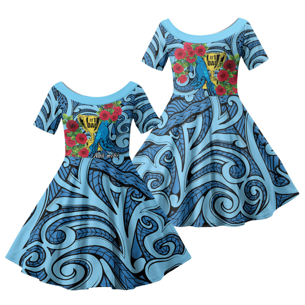 Personalised New Zealand Father's Day Family Matching Puletasi and Hawaiian Shirt Best Dad Trophy Red Rose Maori Pattern LT22 Daughter's Dress Blue - Polynesian Pride