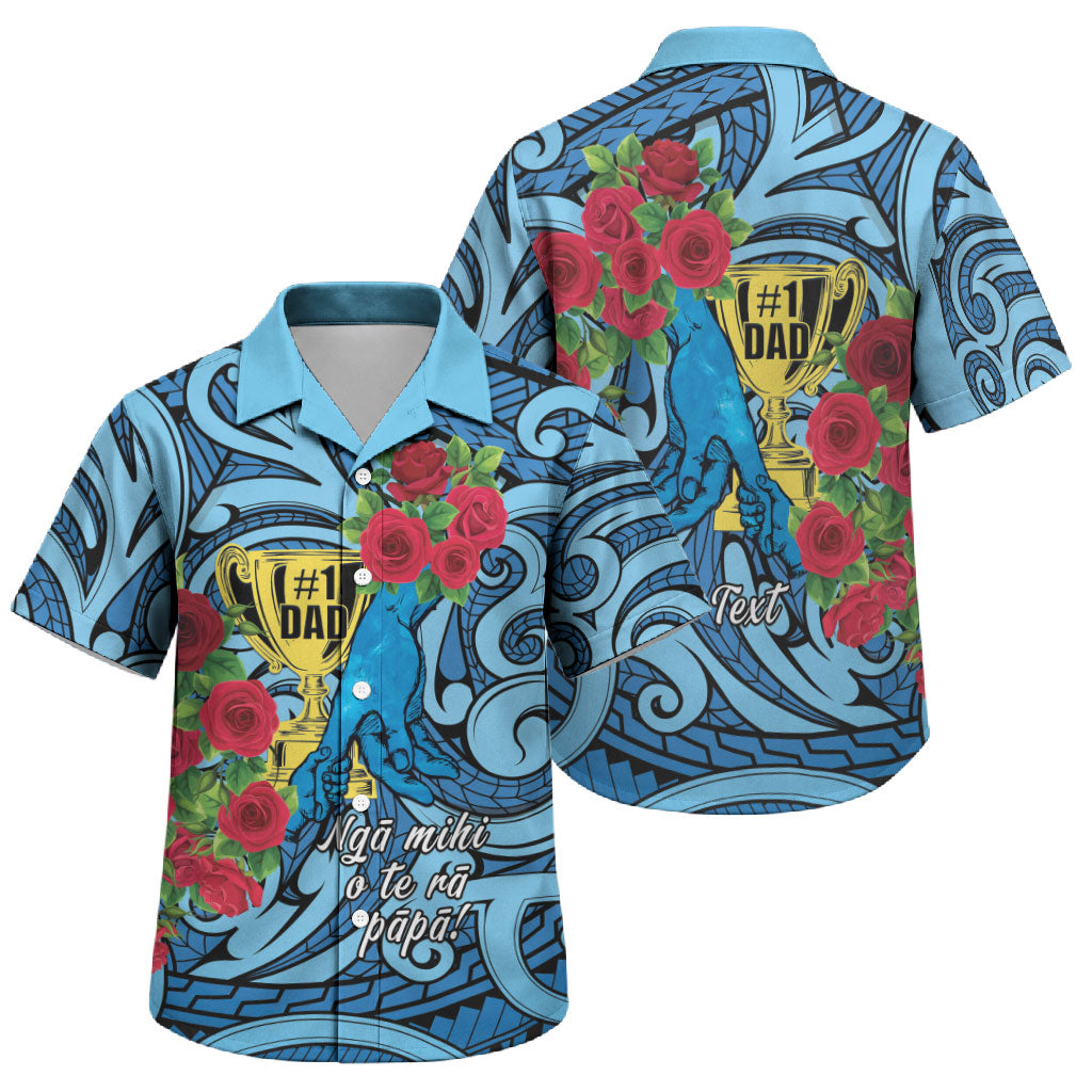 Personalised New Zealand Father's Day Family Matching Puletasi and Hawaiian Shirt Best Dad Trophy Red Rose Maori Pattern LT22 Son's Shirt Blue - Polynesian Pride