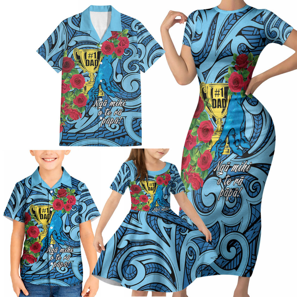 Personalised New Zealand Father's Day Family Matching Short Sleeve Bodycon Dress and Hawaiian Shirt Best Dad Trophy Red Rose Maori Pattern LT22 - Polynesian Pride