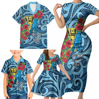 Personalised New Zealand Father's Day Family Matching Short Sleeve Bodycon Dress and Hawaiian Shirt Best Dad Trophy Red Rose Maori Pattern LT22 - Polynesian Pride