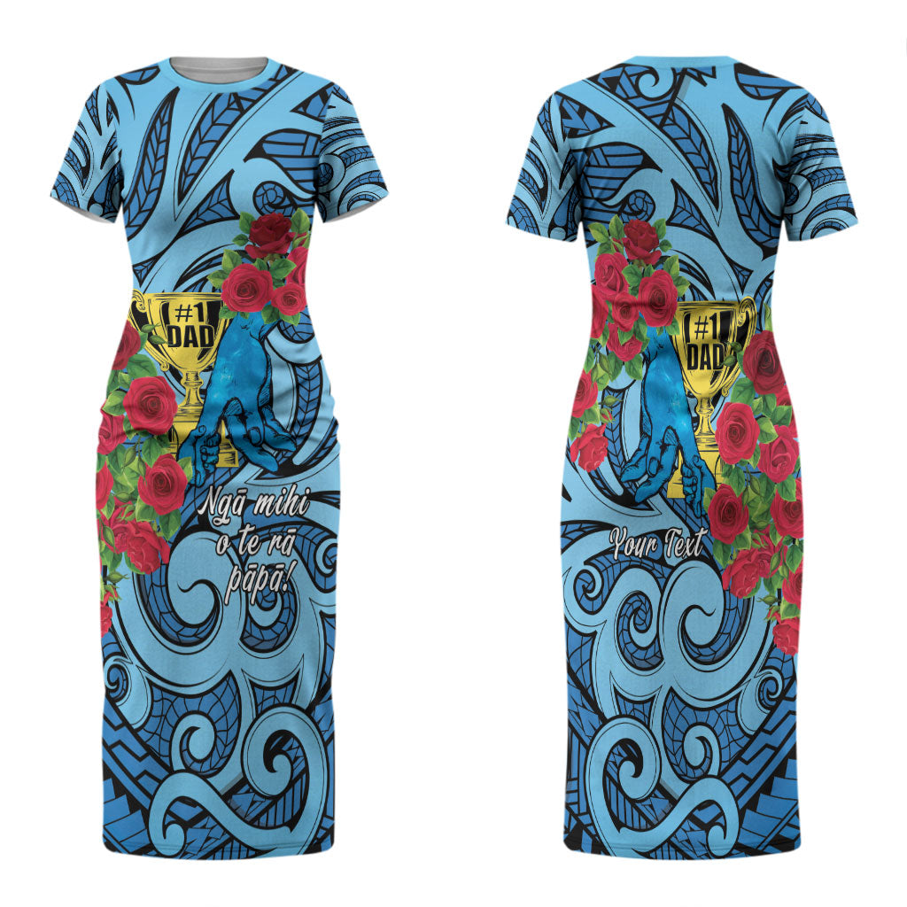 Personalised New Zealand Father's Day Family Matching Short Sleeve Bodycon Dress and Hawaiian Shirt Best Dad Trophy Red Rose Maori Pattern LT22 Mom's Dress Blue - Polynesian Pride