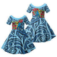 Personalised New Zealand Father's Day Family Matching Tank Maxi Dress and Hawaiian Shirt Best Dad Trophy Red Rose Maori Pattern LT22 Daughter's Dress Blue - Polynesian Pride