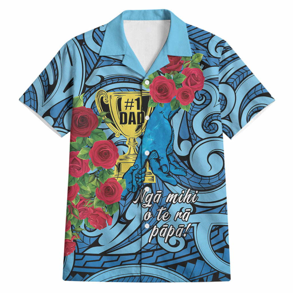 Personalised New Zealand Father's Day Hawaiian Shirt Best Dad Trophy Red Rose Maori Pattern LT22 Blue - Polynesian Pride