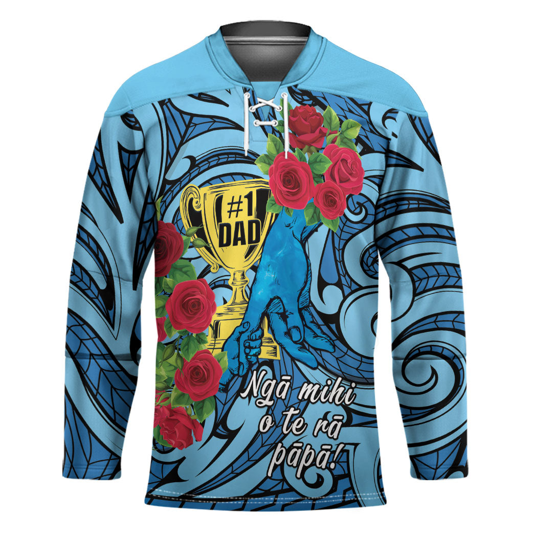 Personalised New Zealand Father's Day Hockey Jersey Best Dad Trophy Red Rose Maori Pattern LT22 Unisex Blue - Polynesian Pride