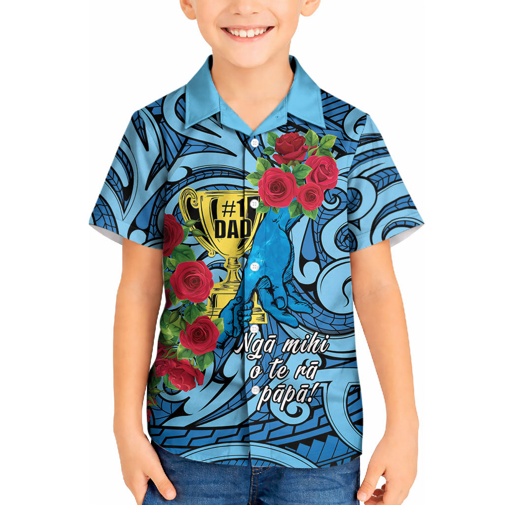 Personalised New Zealand Father's Day Kid Hawaiian Shirt Best Dad Trophy Red Rose Maori Pattern