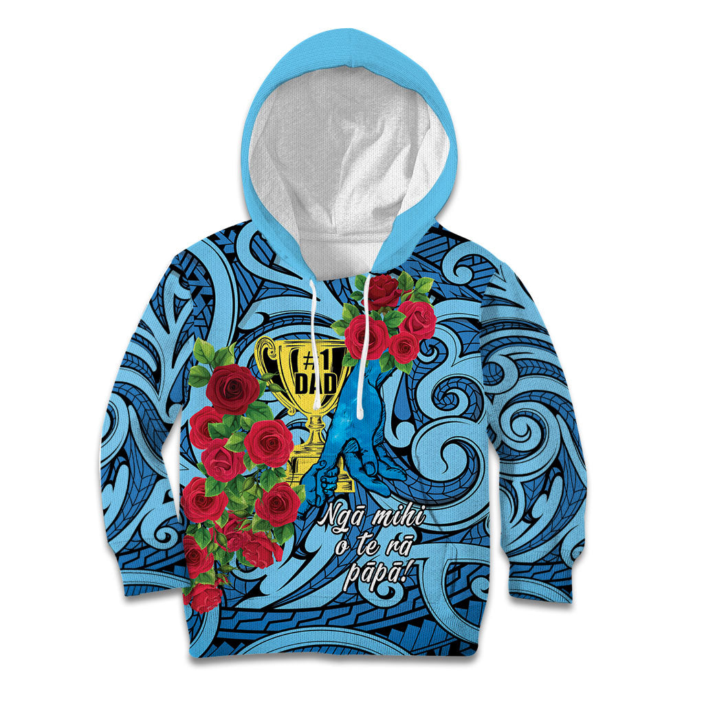 Personalised New Zealand Father's Day Kid Hoodie Best Dad Trophy Red Rose Maori Pattern LT22 Hoodie Blue - Polynesian Pride