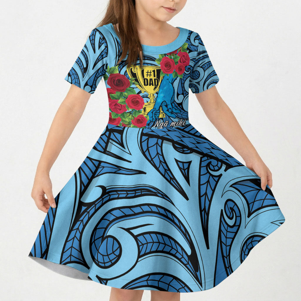Personalised New Zealand Father's Day Kid Short Sleeve Dress Best Dad Trophy Red Rose Maori Pattern