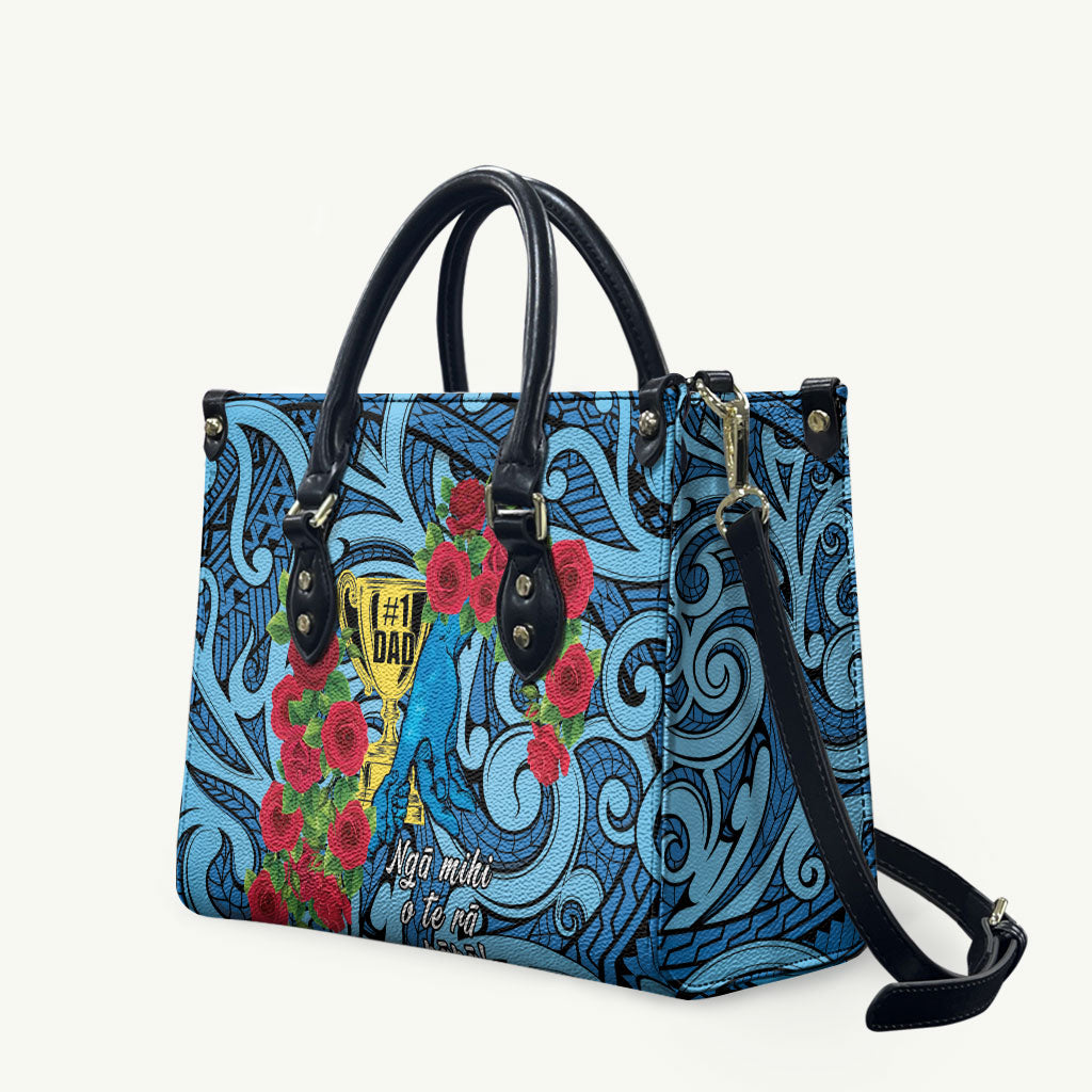 New Zealand Father's Day Leather Bag Best Dad Trophy Red Rose Maori Pattern LT22 Blue - Polynesian Pride