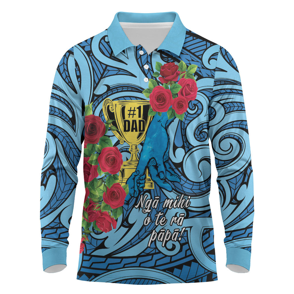 Personalised New Zealand Father's Day Long Sleeve Polo Shirt Best Dad Trophy Red Rose Maori Pattern