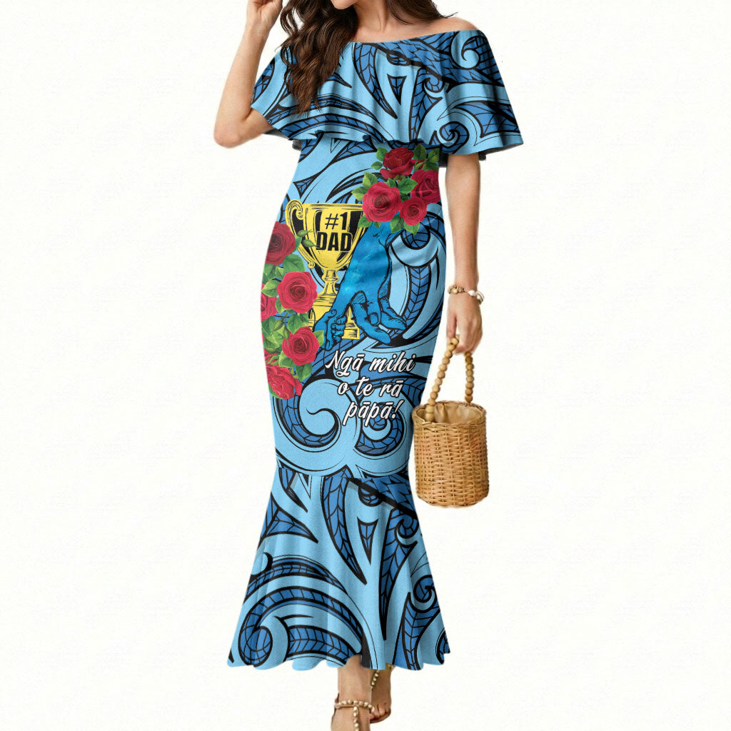 Personalised New Zealand Father's Day Mermaid Dress Best Dad Trophy Red Rose Maori Pattern LT22 Women Blue - Polynesian Pride