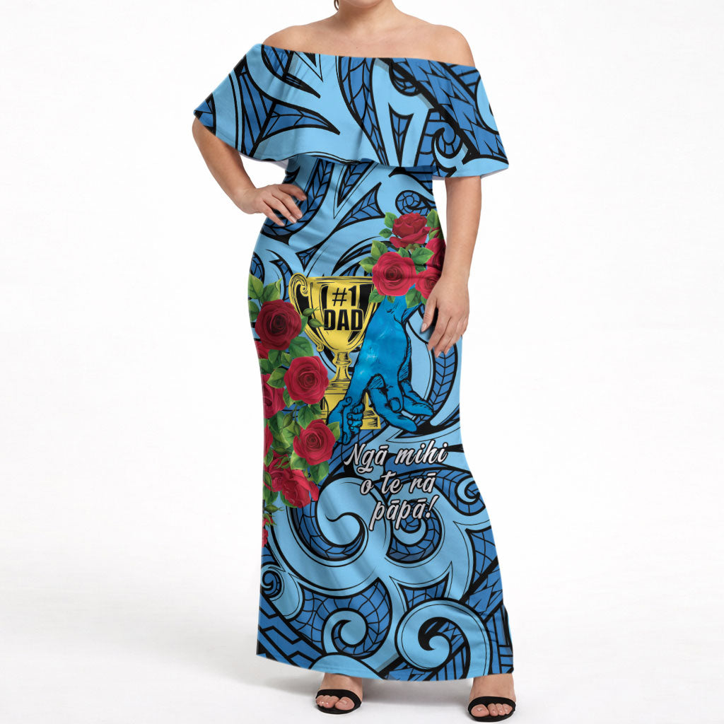 Personalised New Zealand Father's Day Off Shoulder Maxi Dress Best Dad Trophy Red Rose Maori Pattern LT22 Women Blue - Polynesian Pride
