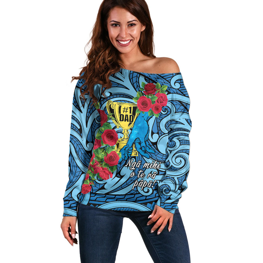 Personalised New Zealand Father's Day Off Shoulder Sweater Best Dad Trophy Red Rose Maori Pattern LT22 Women Blue - Polynesian Pride