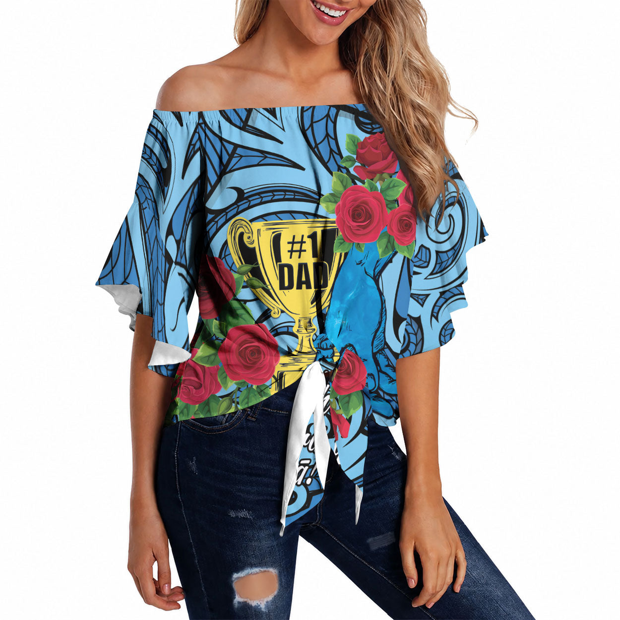 Personalised New Zealand Father's Day Off Shoulder Wrap Waist Top Best Dad Trophy Red Rose Maori Pattern LT22 Blue - Polynesian Pride