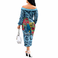 Personalised New Zealand Father's Day Off The Shoulder Long Sleeve Dress Best Dad Trophy Red Rose Maori Pattern LT22 - Polynesian Pride