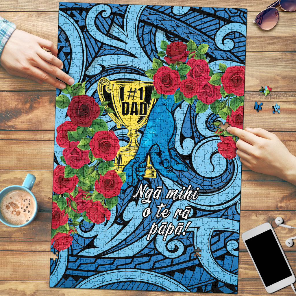 New Zealand Father's Day Puzzle Best Dad Trophy Red Rose Maori Pattern LT22 Blue - Polynesian Pride