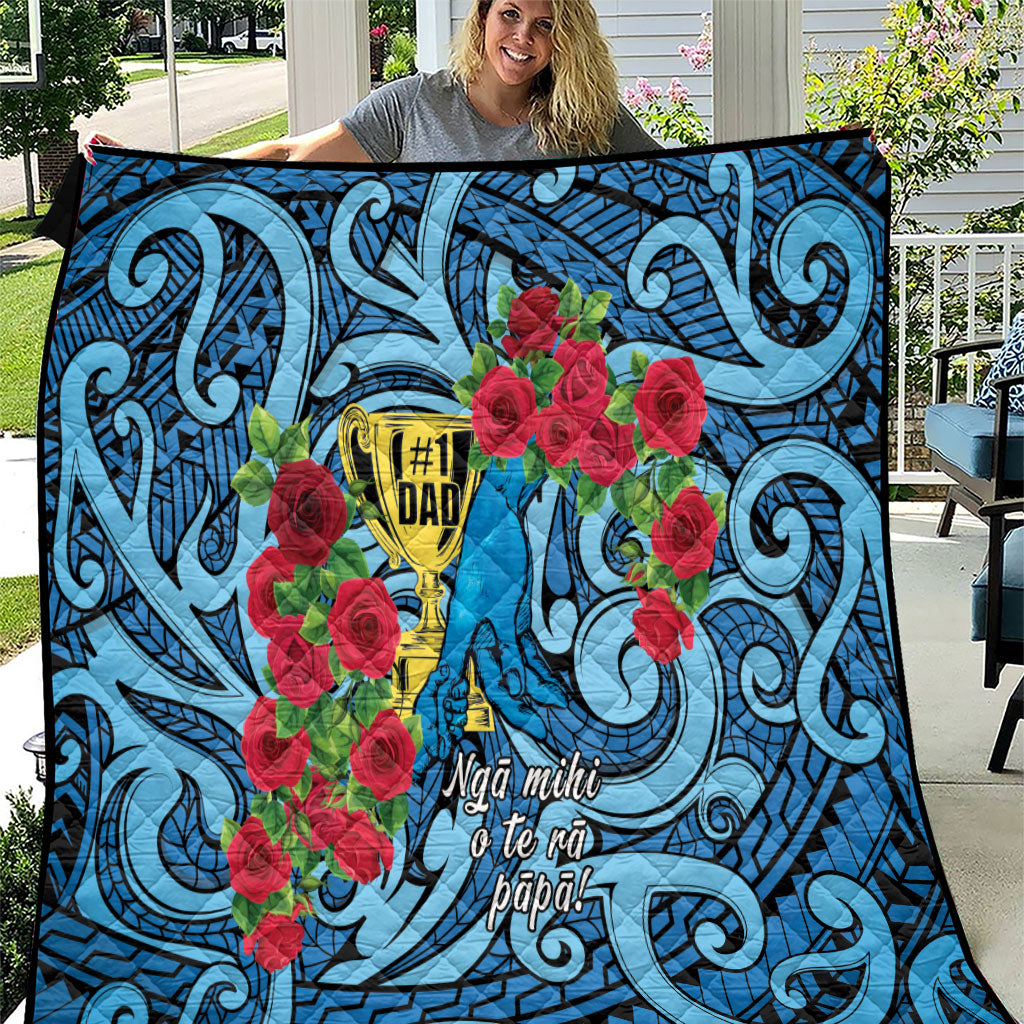 New Zealand Father's Day Quilt Best Dad Trophy Red Rose Maori Pattern LT22 Blue - Polynesian Pride