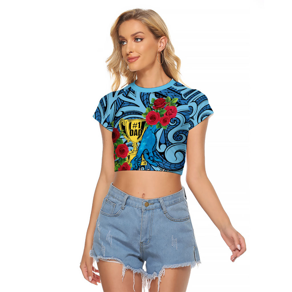 Personalised New Zealand Father's Day Raglan Cropped T Shirt Best Dad Trophy Red Rose Maori Pattern LT22 Female Blue - Polynesian Pride