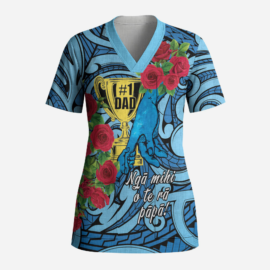 Personalised New Zealand Father's Day Scrub Top Best Dad Trophy Red Rose Maori Pattern LT22 Adult Blue - Polynesian Pride