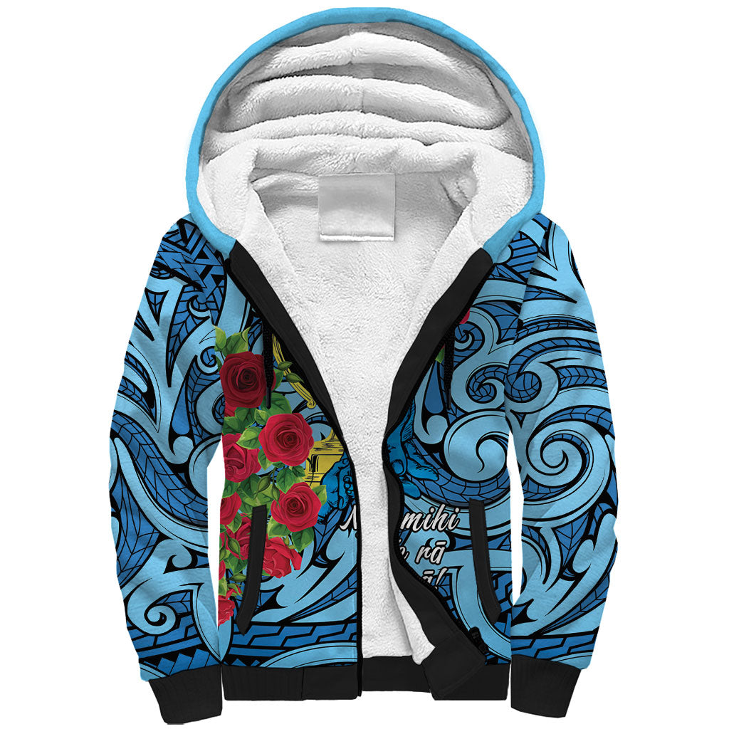 Personalised New Zealand Father's Day Sherpa Hoodie Best Dad Trophy Red Rose Maori Pattern LT22 Unisex Blue - Polynesian Pride