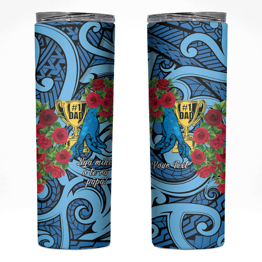 Personalised New Zealand Father's Day Skinny Tumbler Best Dad Trophy Red Rose Maori Pattern LT22 Blue - Polynesian Pride
