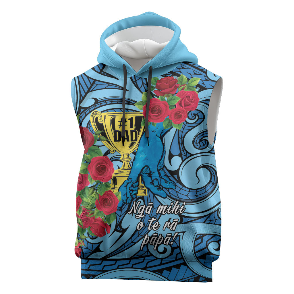Personalised New Zealand Father's Day Sleeveless Hoodie Best Dad Trophy Red Rose Maori Pattern LT22 Blue - Polynesian Pride