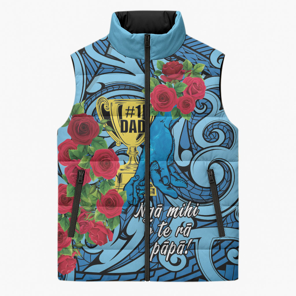 Personalised New Zealand Father's Day Sleeveless Puffer Jacket Best Dad Trophy Red Rose Maori Pattern LT22 Unisex Blue - Polynesian Pride
