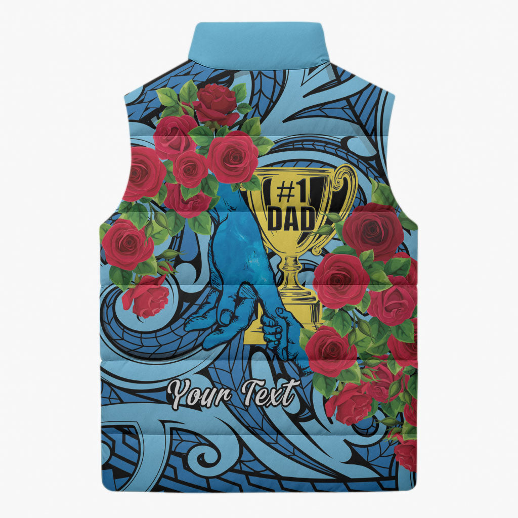 Personalised New Zealand Father's Day Sleeveless Puffer Jacket Best Dad Trophy Red Rose Maori Pattern LT22 - Polynesian Pride