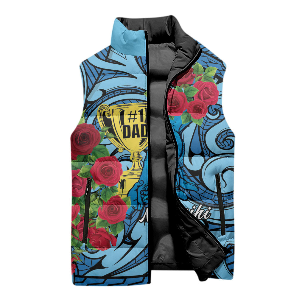 Personalised New Zealand Father's Day Sleeveless Puffer Jacket Best Dad Trophy Red Rose Maori Pattern LT22 - Polynesian Pride