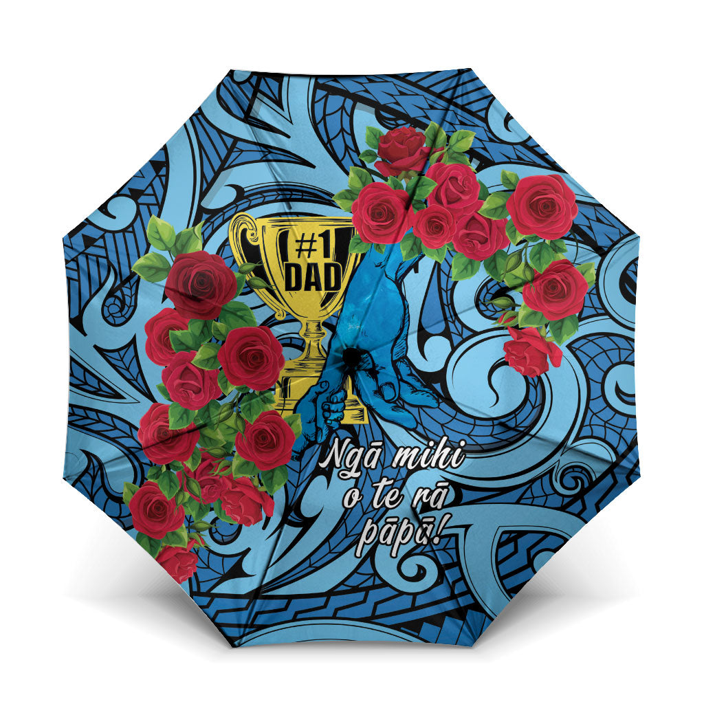 New Zealand Father's Day Umbrella Best Dad Trophy Red Rose Maori Pattern LT22 One Size Folded 11.42 inch Opened Diameter 37.4 inch Blue - Polynesian Pride