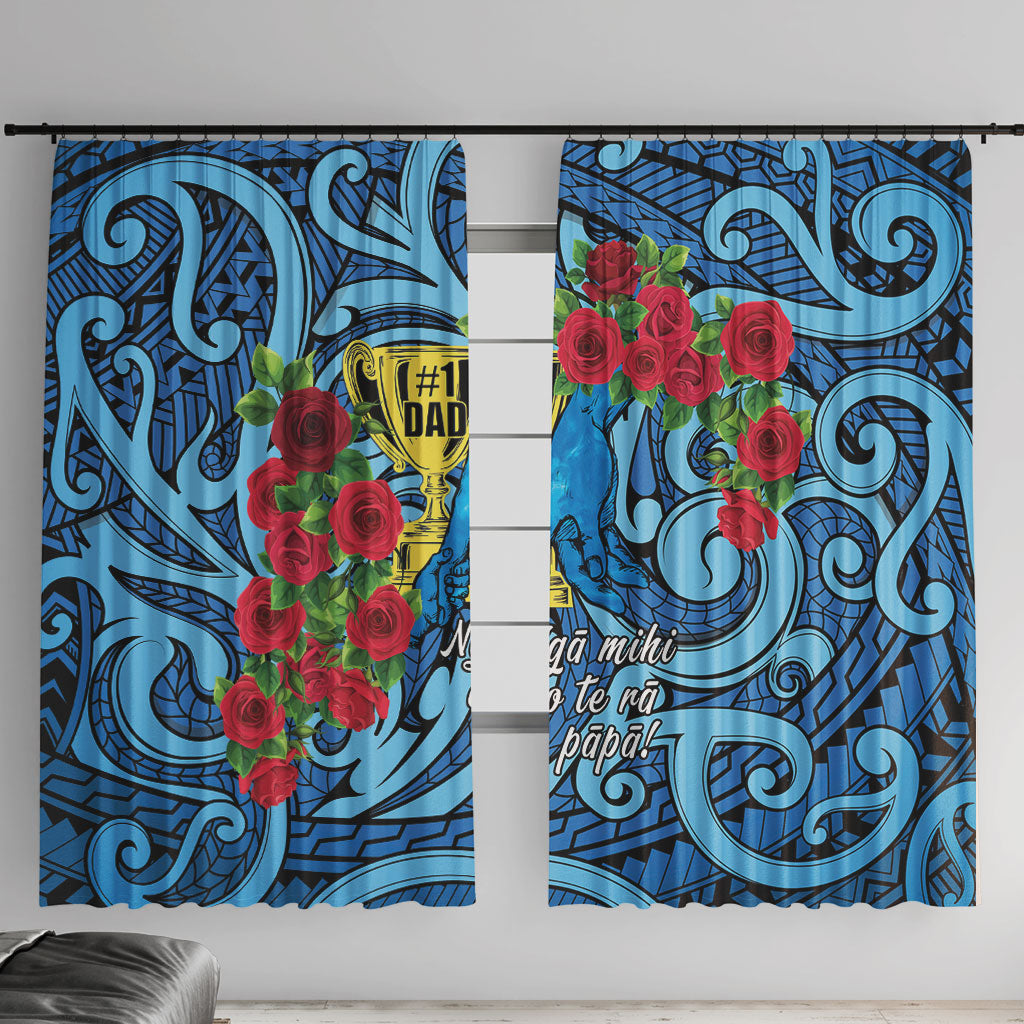 New Zealand Father's Day Window Curtain Best Dad Trophy Red Rose Maori Pattern LT22 With Hooks Blue - Polynesian Pride