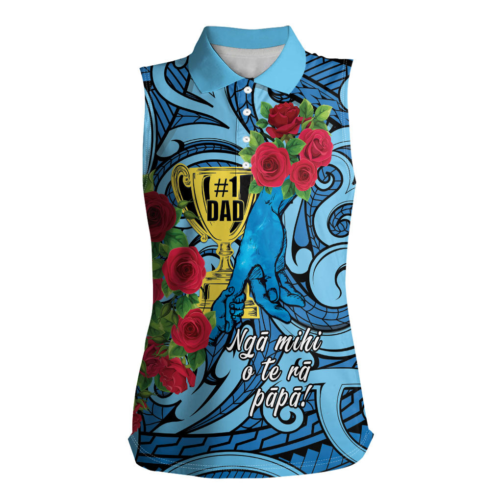 Personalised New Zealand Father's Day Women Sleeveless Polo Shirt Best Dad Trophy Red Rose Maori Pattern