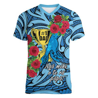 Personalised New Zealand Father's Day Women V-Neck T-Shirt Best Dad Trophy Red Rose Maori Pattern LT22 Female Blue - Polynesian Pride