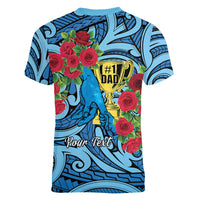 Personalised New Zealand Father's Day Women V-Neck T-Shirt Best Dad Trophy Red Rose Maori Pattern LT22 - Polynesian Pride