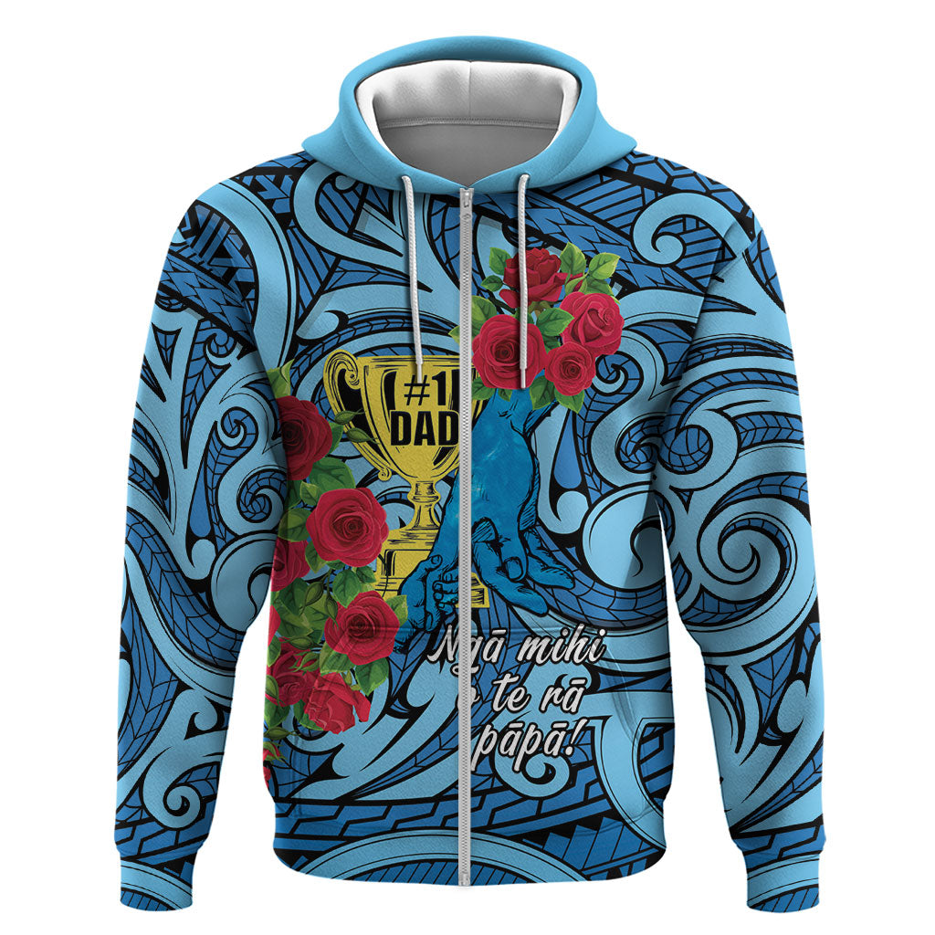 Personalised New Zealand Father's Day Zip Hoodie Best Dad Trophy Red Rose Maori Pattern LT22 Zip Hoodie Blue - Polynesian Pride