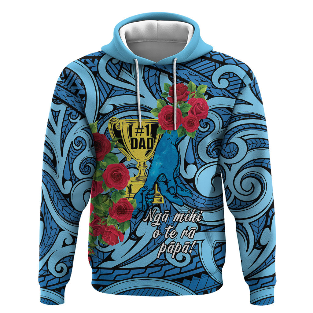 Personalised New Zealand Father's Day Zip Hoodie Best Dad Trophy Red Rose Maori Pattern LT22 Pullover Hoodie Blue - Polynesian Pride