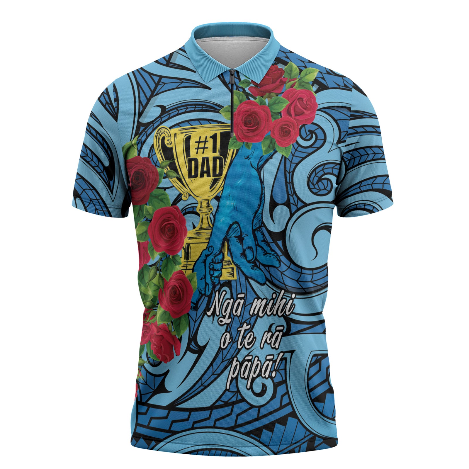 Personalised New Zealand Father's Day Zipper Polo Shirt Best Dad Trophy Red Rose Maori Pattern LT22 Blue - Polynesian Pride