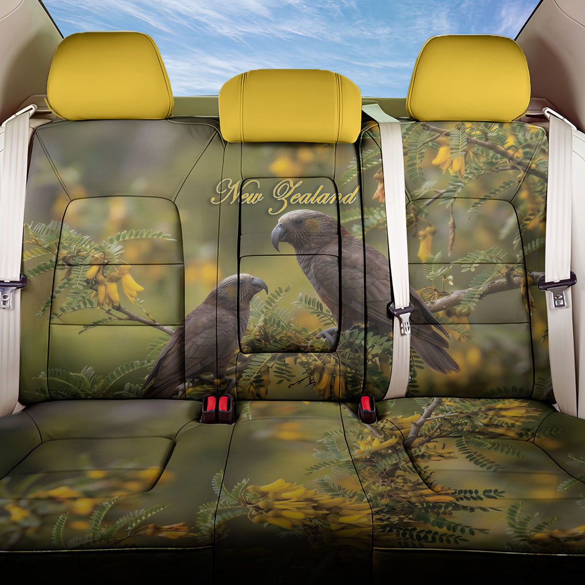 New Zealand Kaka Bird Back Car Seat Cover Kowhai Flower Landscape Style LT22 One Size Green - Polynesian Pride