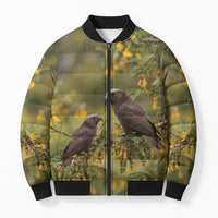 New Zealand Kaka Bird Bomber Puffer Jacket Kowhai Flower Landscape Style