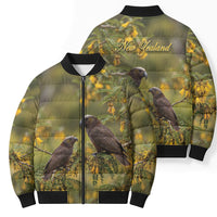 New Zealand Kaka Bird Bomber Puffer Jacket Kowhai Flower Landscape Style