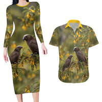 New Zealand Kaka Bird Couples Matching Long Sleeve Bodycon Dress and Hawaiian Shirt Kowhai Flower Landscape Style