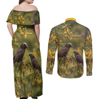 New Zealand Kaka Bird Couples Matching Off Shoulder Maxi Dress and Long Sleeve Button Shirt Kowhai Flower Landscape Style