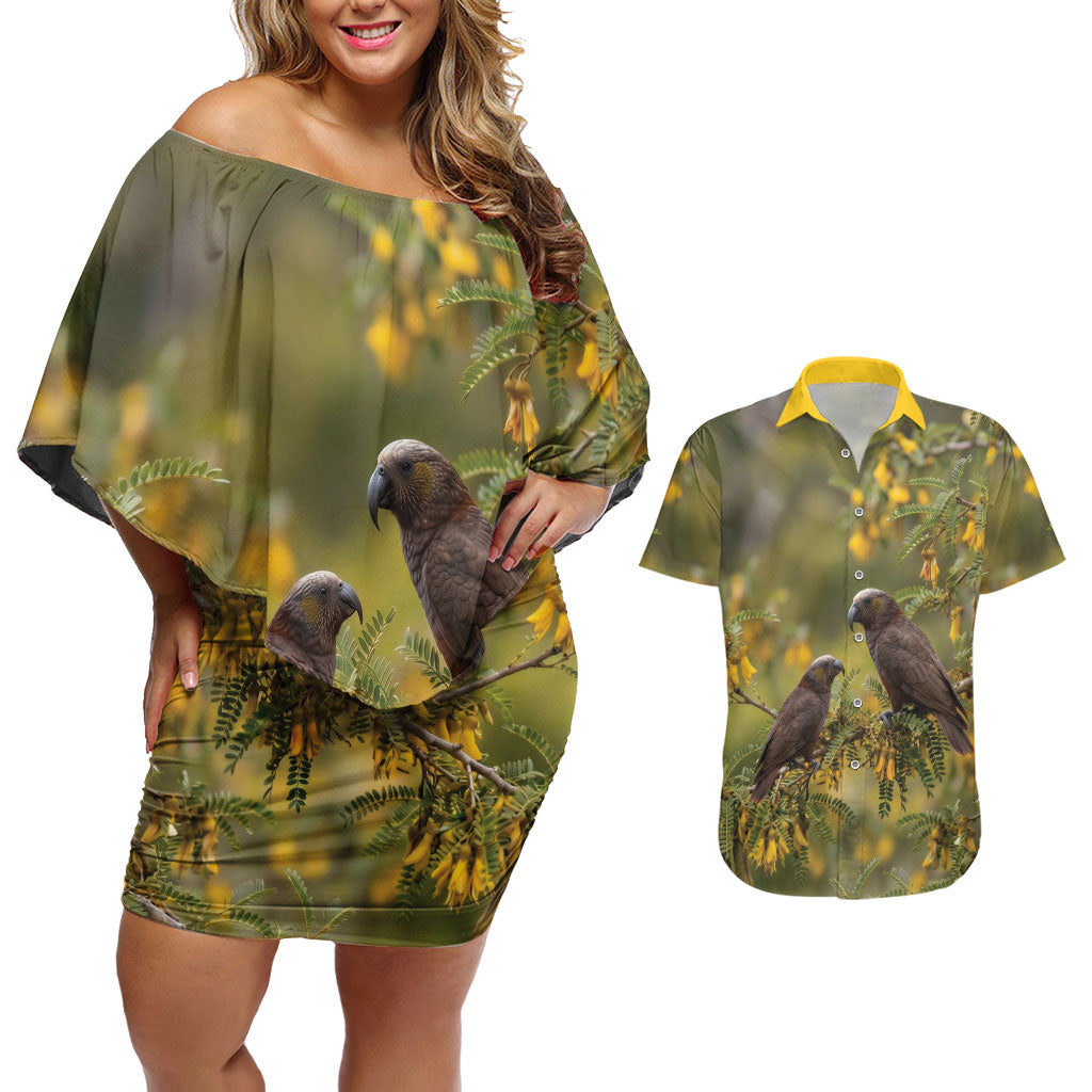 New Zealand Kaka Bird Couples Matching Off Shoulder Short Dress and Hawaiian Shirt Kowhai Flower Landscape Style