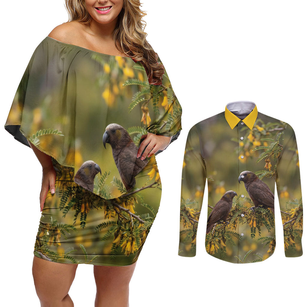 New Zealand Kaka Bird Couples Matching Off Shoulder Short Dress and Long Sleeve Button Shirt Kowhai Flower Landscape Style