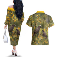 New Zealand Kaka Bird Couples Matching Off The Shoulder Long Sleeve Dress and Hawaiian Shirt Kowhai Flower Landscape Style
