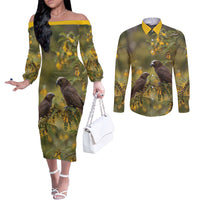 New Zealand Kaka Bird Couples Matching Off The Shoulder Long Sleeve Dress and Long Sleeve Button Shirt Kowhai Flower Landscape Style