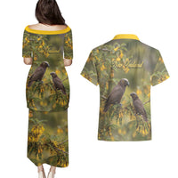 New Zealand Kaka Bird Couples Matching Puletasi and Hawaiian Shirt Kowhai Flower Landscape Style