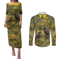 New Zealand Kaka Bird Couples Matching Puletasi and Long Sleeve Button Shirt Kowhai Flower Landscape Style