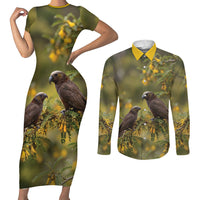 New Zealand Kaka Bird Couples Matching Short Sleeve Bodycon Dress and Long Sleeve Button Shirt Kowhai Flower Landscape Style